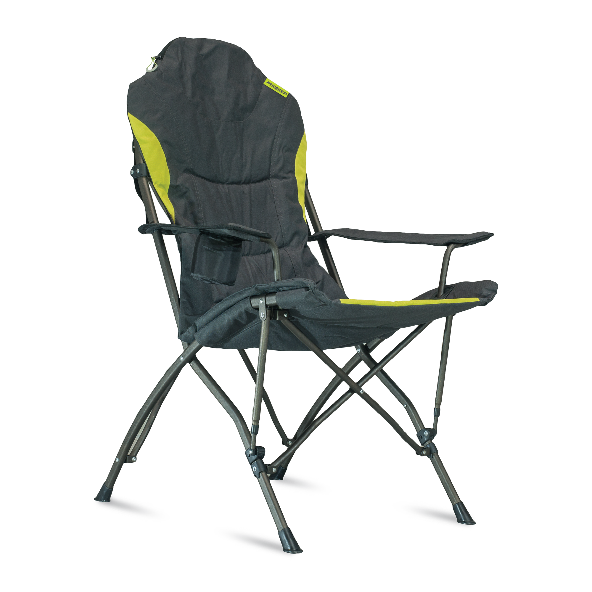 Black camping chair with green accents on a white background