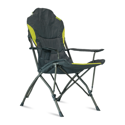 Black camping chair with green accents on a white background